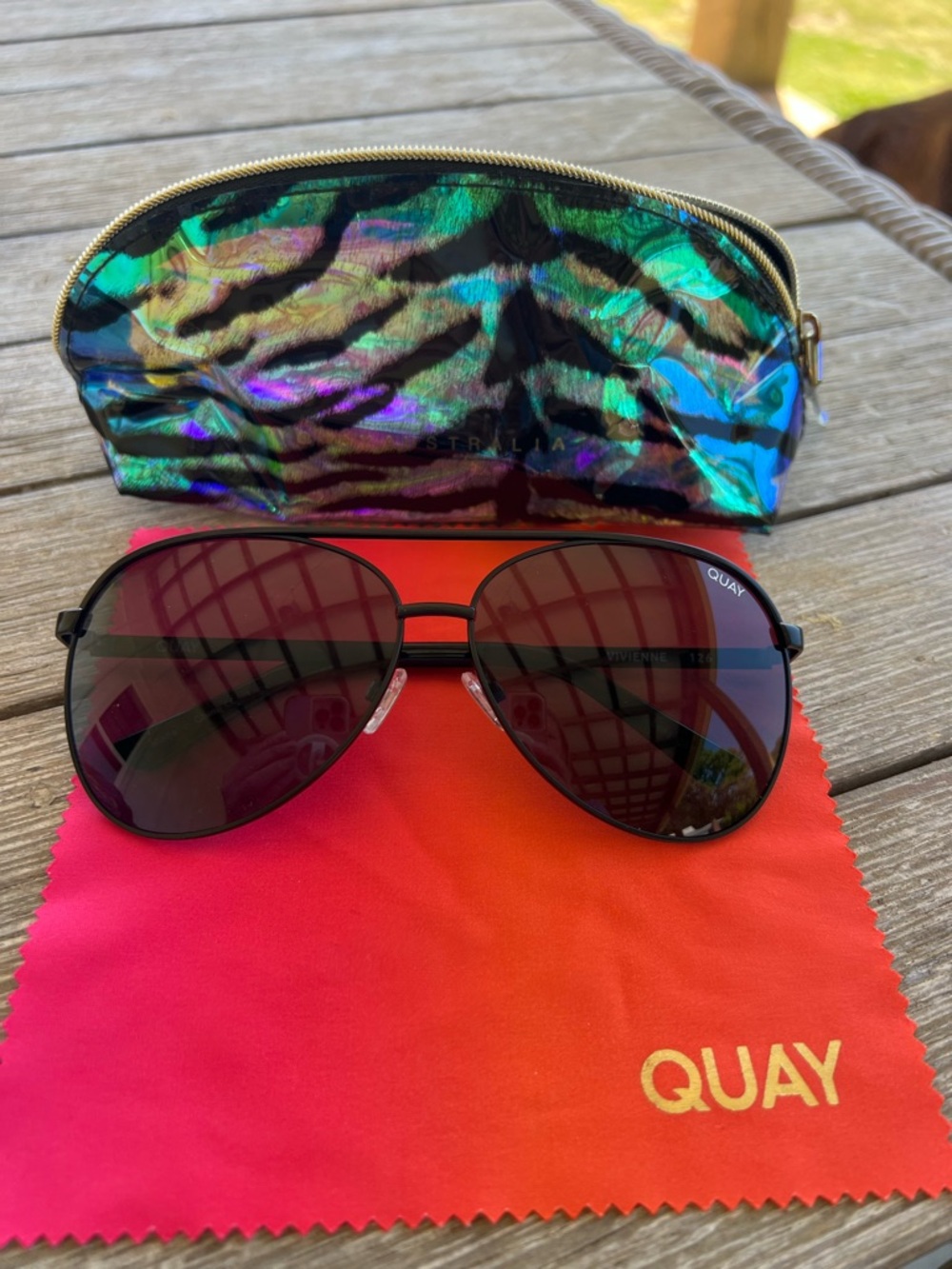 Quay Australia Black Aviator Sunglasses with Iridescent Zebra Case